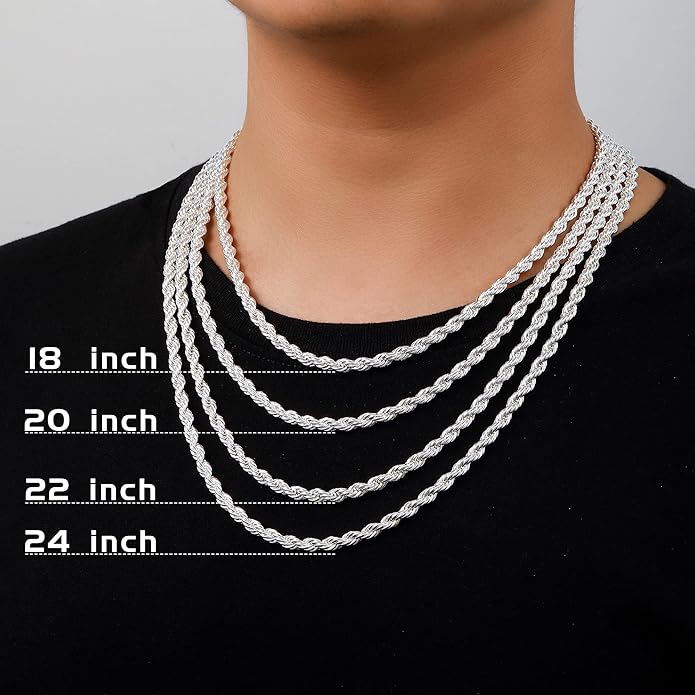 BRIJEWNES 925 Sterling Silver Clasp 2/2.5/3/4/5mm Silver Chain for Men Mens Necklace Rope Chain Necklace Diamond Cut Silver Mens Chain Necklace 16 18 20 22 24 26 28 30 Inches