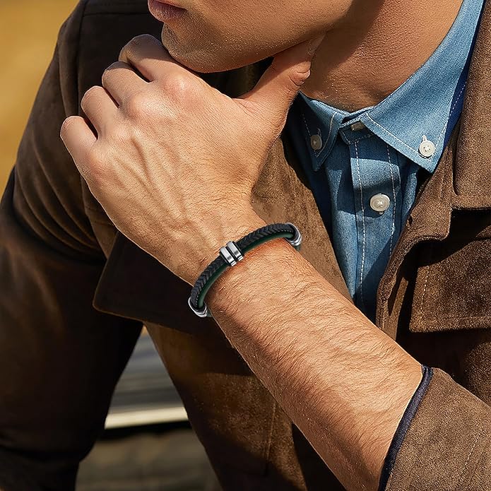 Leather Bracelet for Men with Adjustable Stainless Steel Magnetic Clasp Multi-Layer Braided Mens Leather Bracelet