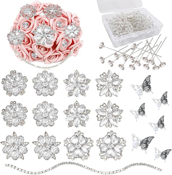 Yhsheen Rhinestone Brooches Bouquet Pins Corsage Crystal Brooch Diamond Pins kits for Wedding Accessories Jewelry Decoration DIY Craft Sewing(Sliver)