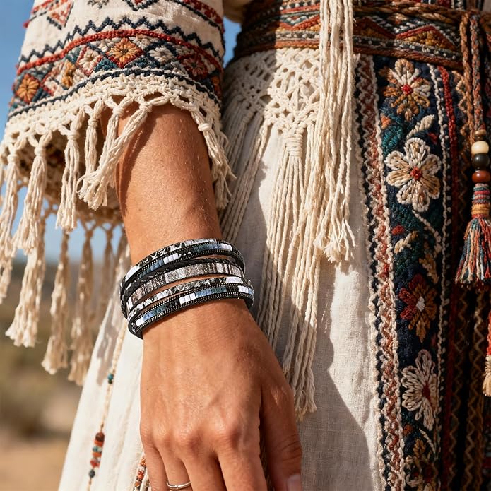 ENGCKSHI Wrapped Bracelets for Women,Leather Bracelet,Boho Bracelets for Women,Multi-Layer Pearl Crystal Bracelet Bangle Jewelry