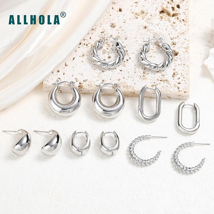 6 Pairs 14K Gold Plated Hoop Earrings for Women Trendy Chunky Lightweight Hoop Earrings Multipack Hypoallergenic, Thick Twisted Huggie Hoops Earring Set Jewelry for Gifts
