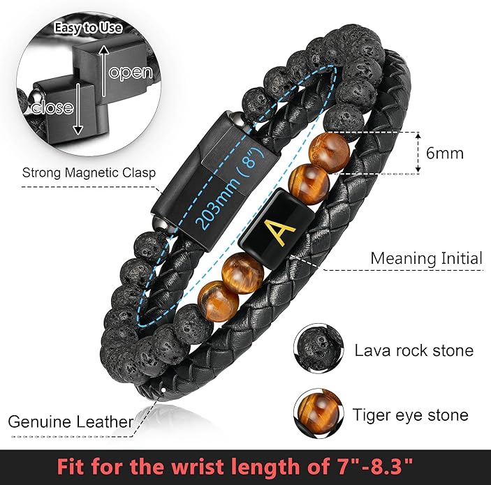 LUXEJEW Gifts for Men - Mens Bracelet, Beaded Leather Initial Bracelet 6mm Matte Agate Stone Handmade Bracelets Adjustable Stainless Steel Magnetic Clasp Mens Jewelry Gifts