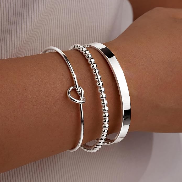 Silver Bracelets for Women Stack, Silver or Gold Plated Cuff Bangle Set, Trendy Silver Jewelry for Women Fashion