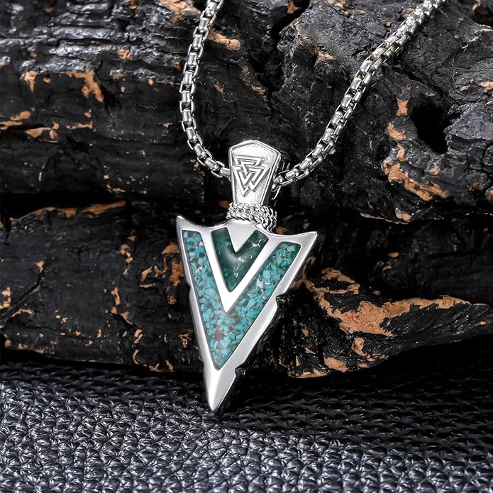 Suiknsn Arrowhead Necklace for Men Women 925 Sterling Silver Turquoise Malachite Celtic/Eye of Horus/Viking Arrow Pendant Amulet Jewelry Gifts Native American Necklace