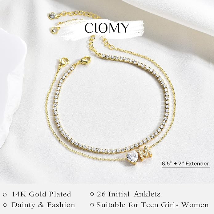 Gold Initial Ankle Bracelets for Women 14K Gold Plated CZ heart Tennis Anklets for Women Waterproof Layered Adjustable Letter Anklets Large Ankle Summer Beach Foot Jewelry