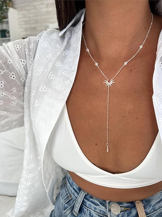 Lariat Long Necklace for Women Trendy Layered Y Necklace Dainty Pendant Drop Dangle Necklace Y-Shaped Necklace Simple CZ Necklace for Women Jewelry