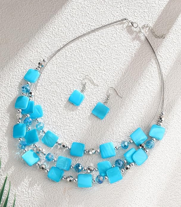 Layered Beaded Statement Necklaces for Women Square Shell Bead Collar Necklace and Earring Set Birthday Gifts Boho Jewelry Sets for Women