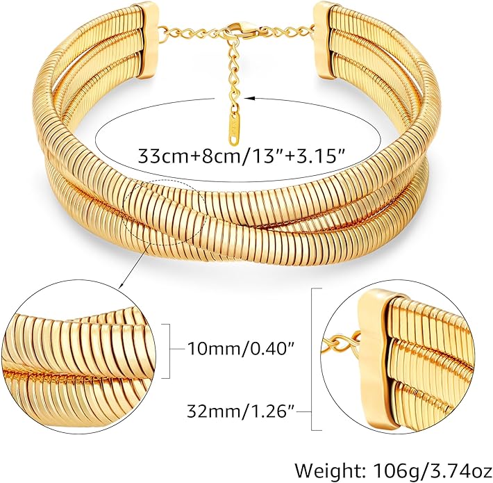 Chunky Gold Choker Necklace for Women, 14K Gold Plated Snake Chain Statement Necklace Triple Twsited Layered Choker Necklaces Jewelry Gifts