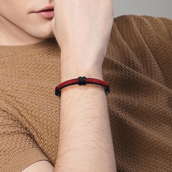 Leather Bracelet for Men with Adjustable Stainless Steel Magnetic Clasp Multi-Layer Braided Mens Leather Bracelet