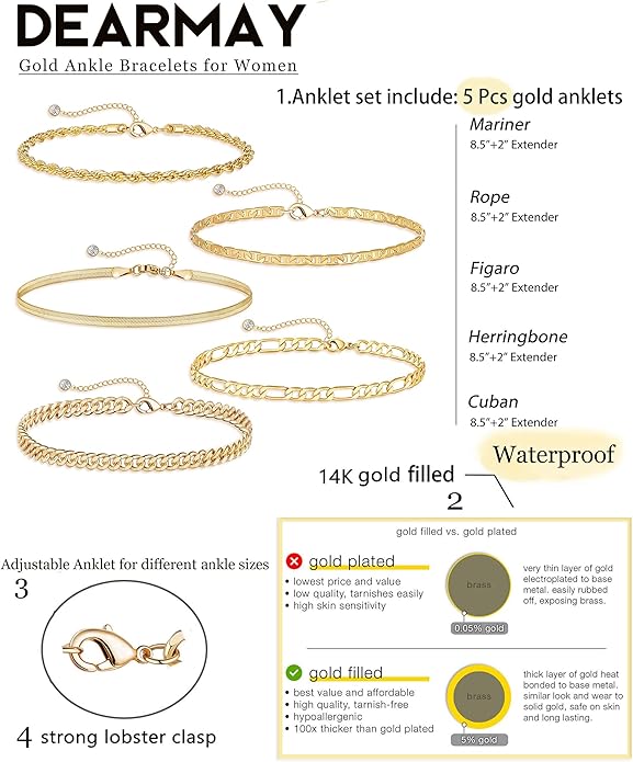 DEARMAY 14K Gold Plated Ankle Bracelets for Women Waterproof - Dainty 6Pcs Anklets Layered Cuban Link Chain Herringbone Cute Anklets Set Pack Summer Beach Jewelry Gift for Women Teen