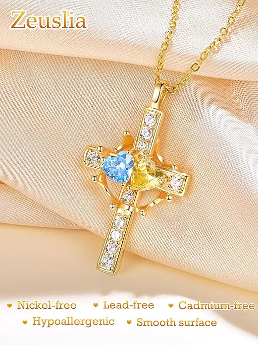 Zeuslia Double Birthstone Necklace Gifts for Wife - 925 Sterling Silver Sunflower/Rose/Crown Cross/Compass/Heart Pendant I Love You Necklace, Anniversary Birthday Gifts for Wife Girlfriend Mom Her