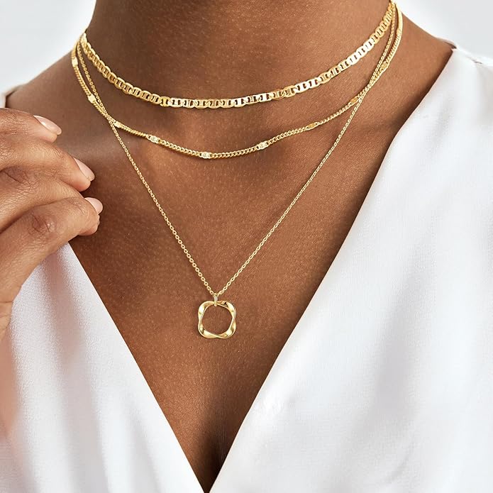 Gold Layered Necklaces for Women 14k Gold Plated Dainty Stackable Choker Necklaces for Women Trendy Layering Chain Cute Pendant Necklace Set Gold Jewelry for Women