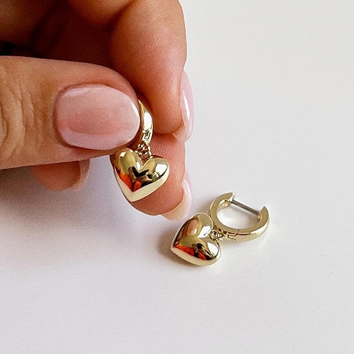 Ana Luisa Puffed Heart Earrings - Heart Charm Huggie Hoops and Earring Stud Styles - Dainty 14K Gold Plated, Silver Rhodium Plated & Mixed Metal Silver & Gold Earrings - Hypoallergenic Water-Resistant