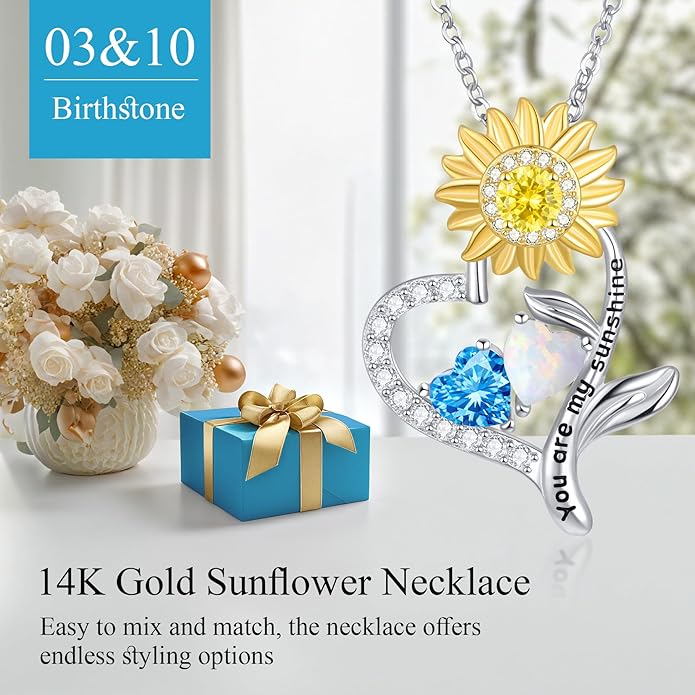PERJI Valentine's Day Gifts for Women - 925 Sterling Silver Double Birthstone Sunflower Necklace, Anniversary Birthday Jewelry You are My Sunshine Gifts for Wife Couple Girlfriend 18"+2" Non Tarnish