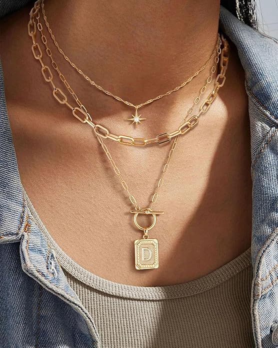 MJartoria Layered Initial Necklaces for Women Trendy, 14K Gold Plated Brass Simple Star Choker Square Letter Pendant Necklace, Paperclip Chain Necklaces Jewelry Gifts