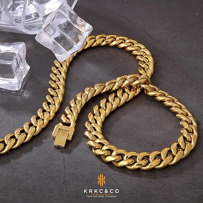 KRKC&CO Cuban Link Chain for Men 8/10/12/14mm, Brithday Gift for Men, 18k Gold Miami Necklace, Durable, Anti-Allergies Hip Hop Jewelry for Mens