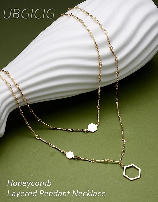 UBGICIG Honeycomb Layered Pendant Necklaces for Women Stackable, Dainty Y-Shaped Lariat Paperclip Pearl Heart Necklace, 16K Gold Silver Plated Long Necklaces Women's Trendy Drop Chain Necklace Jewelry