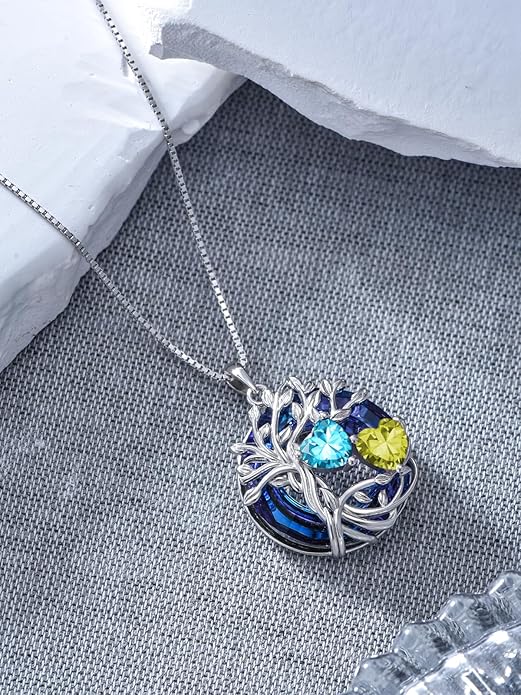 TOUPOP s925 Sterling Silver Family Celtic Tree of Life Pendant Necklaces with 2 Heart Birthstone with Blue Austrian Crystal Jewelry Birthday Anniversary Christmas Gifts for Her Wife Girlfriend Mom (18K Real White Gold Filled)