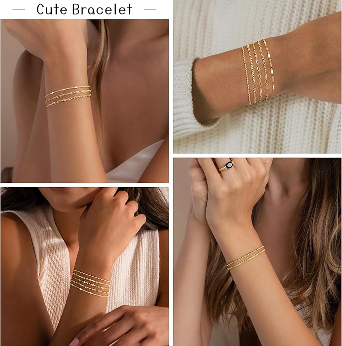 Gold Bracelets for Women Non Tainish,Dainty Bracelets Stack for Women Trendy, Gold Plated Cuff Bracelets Stack With Beaded Cuban Paperclip Snake Rope Bangle Hand Chain Jewelry Gifts for Women