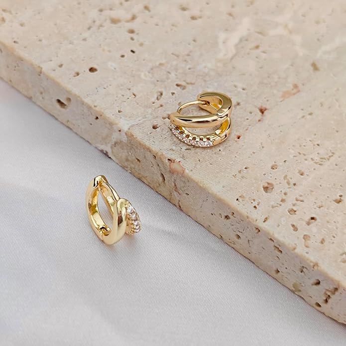 14K Gold Plated Hoop Earrings for Women Triple Huggie Illusion Stud Earring | Double Huggie Hoop Earrings for One Hole | Claw Ear Cuff Earring Jewelry Gift for Women