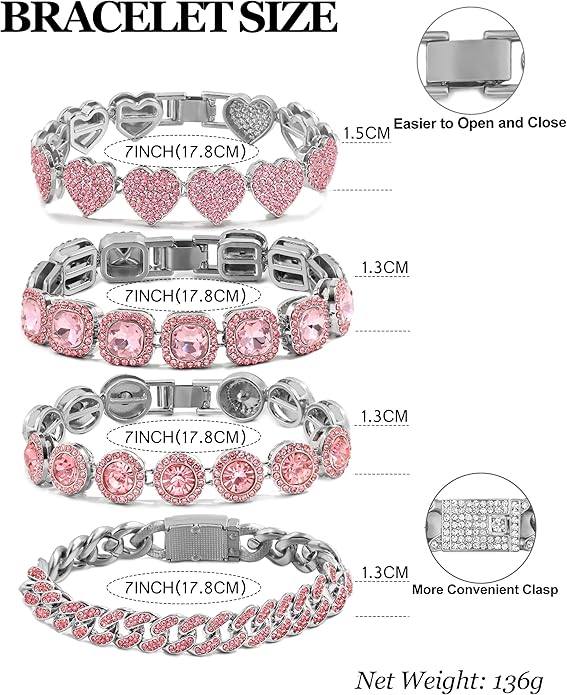 shopbyskyler 4PCS Gold Bracelets for Women Silver Clustered Tennis Bracelet for Women Heart Round Diamond Cuban Bracelet Layered Link Bracelet Set Fashion Jewelry for Women Set