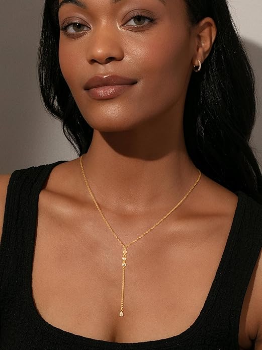 Lariat Gold Necklaces for Women Trendy Dainty Long Necklace 14k Gold Plated/Silver Layered Drop Beaded Chain Necklaces Y-shaped Pendant Necklace Simple Gold Jewelry Gifts
