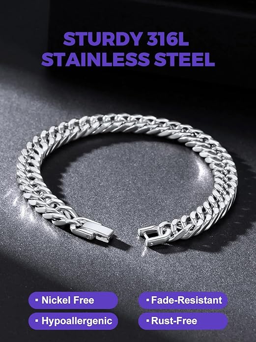 Richsteel Cuban Link Chain Bracelets 8/12/17mm Width Stainless Steel Chain Wrist Bracelets for Men, 7.4/8.2/9 Inch Length Classic Jewelry for Christmas/Valentine's Day/Birthday