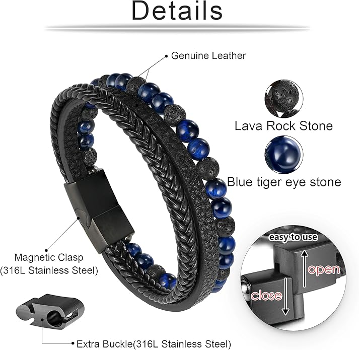 Gifts for Men - Layered Leather Beads Bracelet, Tiger Eye Lava Rock Stone Braided Leather Bracelets for Men Adjustable Magnetic Clasp Birthday Gifts