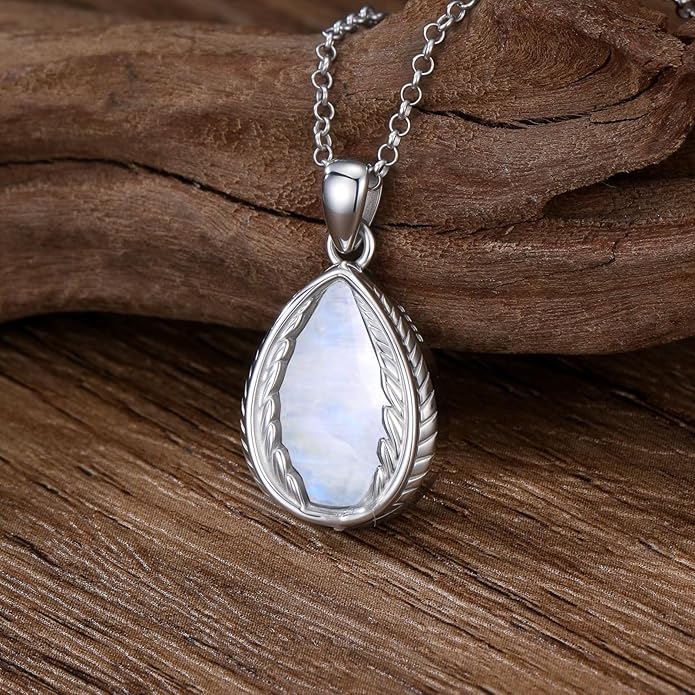 Genuine Moonstone Feather Pendant Necklace 925 Sterling Silver vintage Natural Gemstone June Birthstone Religious Teardrop Jewelry for Women Feather Lover