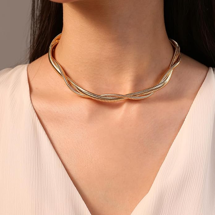 Chunky Stainless Steel Choker Necklace For Women, Gold Striped Flat Snake African Collar Exaggerated Necklace with Adjustable Chain Choker Jewelry for Women