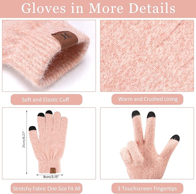 Womens Winter Warm Knit Beanie Hat Touchscreen Gloves Long Neck Scarf Set with Fleece Lined Skull Caps Gifts for Women