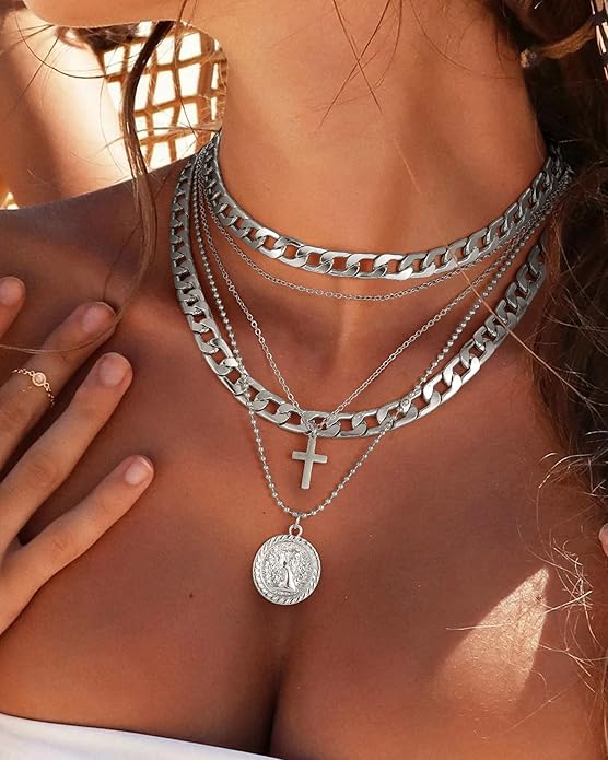 MJartoria Layered Necklaces for Women Trendy Retro Coin Pendant Necklace Dainty Chunky Chain Choker Necklaces for Jewelry Birthday Gifts