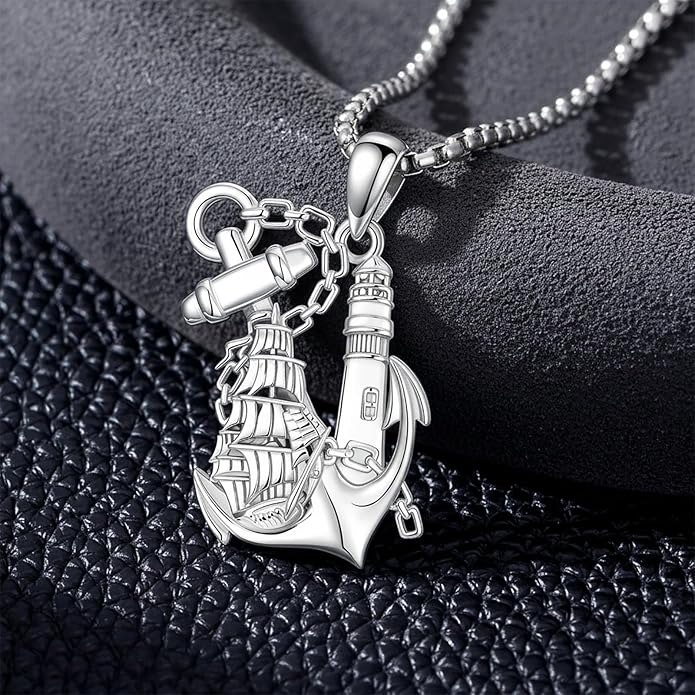 LEECCI Anchor Wave/Four Leaf Clover/Surfboard Necklace 925 Sterling Silver Anchor Pendant Jewelry Gift Graduation Gift for Men Women