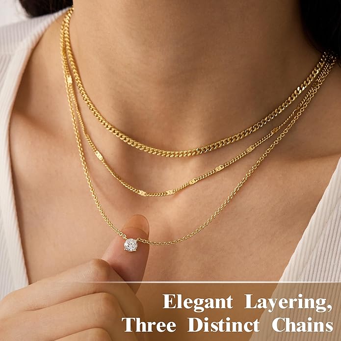 WomenGifts Layered Gold Necklaces for Women, 14K Gold Sterling Silver Plated Dainty Pendant Necklace Set with Cubic Zirconia Circle, Chunky Stackable Cuban Chain Choker, Trendy Personalized Birthstone Jewelry Gift Non Tarnish