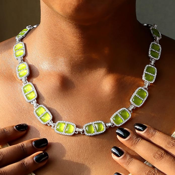 Chunky Necklace for Women 12 Colors Diamond Stone Gold Statement Necklace for Women Full Trendy Blue Birthstone Choker Necklace for Women Square Design Necklace Jewelry