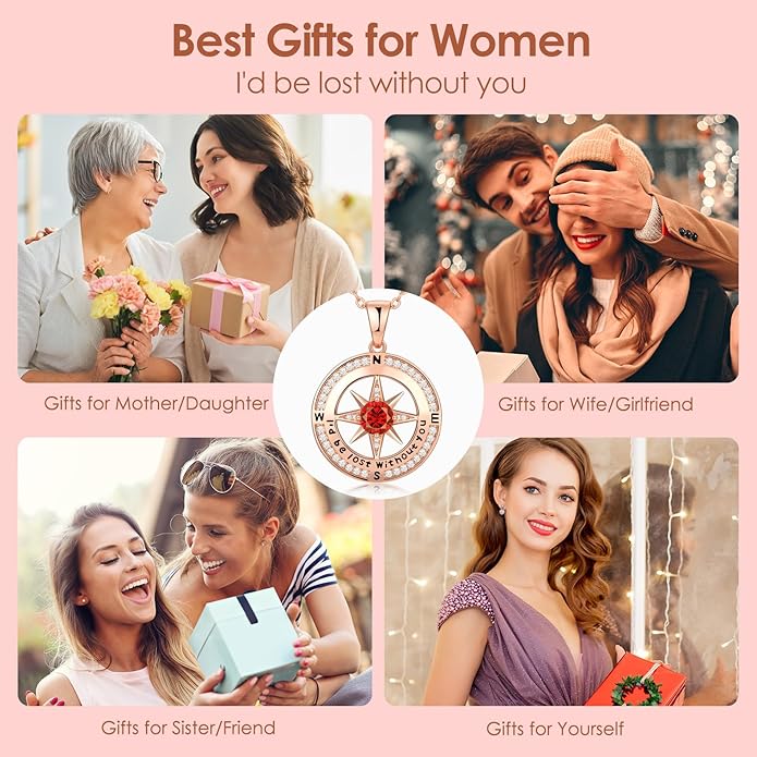 Zifeel Compass Necklace Gifts for Women wife - S925 Sterling Silver Birthstone Necklaces for Women - Anniversary Birthday Gifts for Her Wife Girlfriend - Valentines Mom Mothers Day Christmas Gifts Jewelry for Women