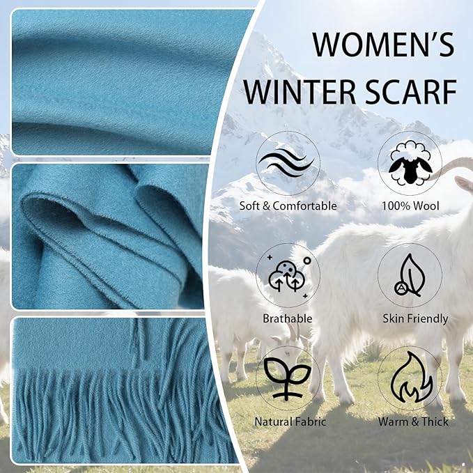 WASALUYA Wool Scarf for Women & Men, 100% Wool Scarves Wrap Shawl with Tassels, Elegant Soft Winter Scarf for Fall and Winter