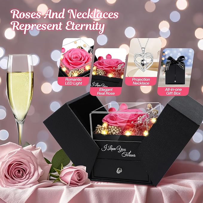 Preserved Pink Real Rose Flowers in Box with I Love You in 100 Languages Necklace - Unique Gift for Women Mom Wife Girlfriend on Mother's Day Valentine's Day, Birthday, Christmas