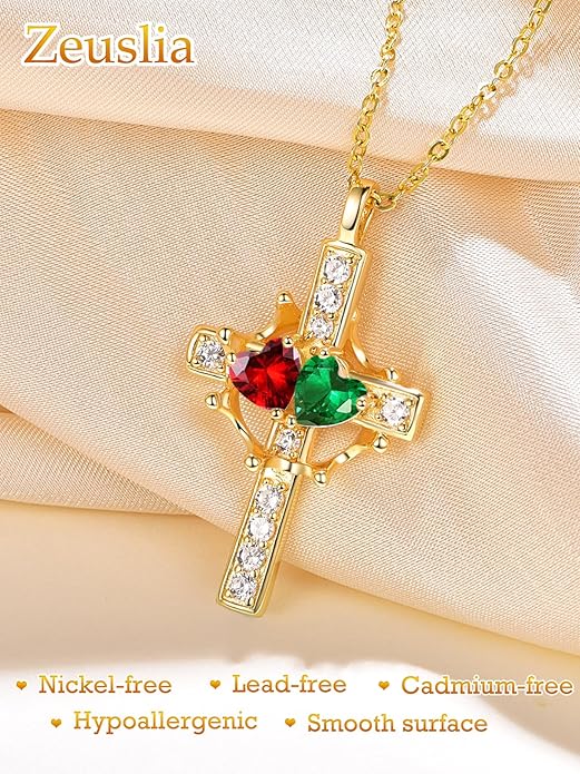 Zeuslia Double Birthstone Necklace Gifts for Wife - 925 Sterling Silver Sunflower/Rose/Crown Cross/Compass/Heart Pendant I Love You Necklace, Anniversary Birthday Gifts for Wife Girlfriend Mom Her