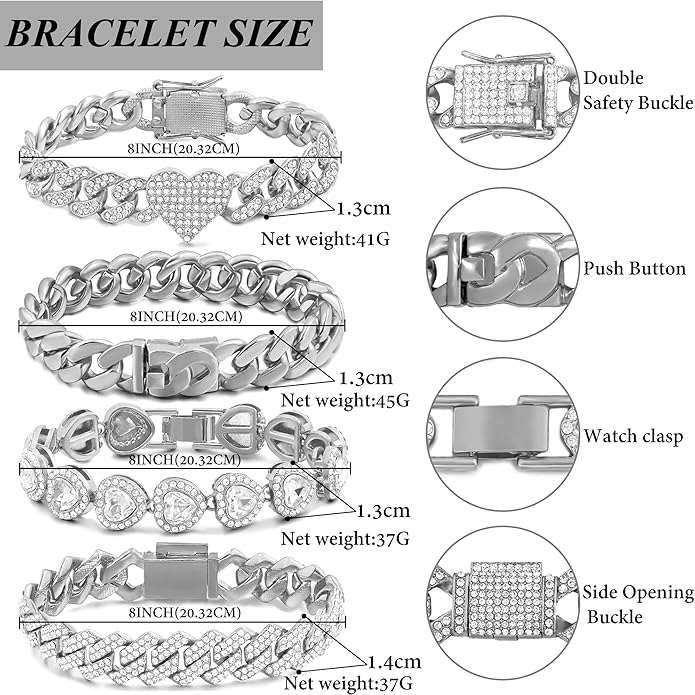 shopbyskyler 4PCS Gold Bracelets for Women Silver Clustered Tennis Bracelet for Women Heart Round Diamond Cuban Bracelet Layered Link Bracelet Set Fashion Jewelry for Women Set