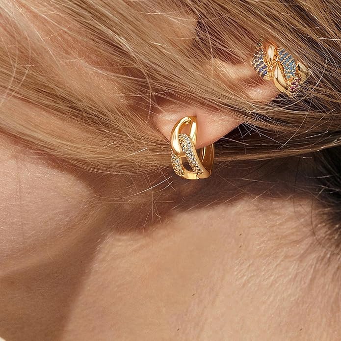 Gold Huggie Hoop Earrings 14K Gold Plated Dainty Chunky Thick Hoop Diamond Cubic Zriconia Inlay Sleeper Tiny Delicate Boho Beach Simple Hypoallergenic Jewelry Gift for Her