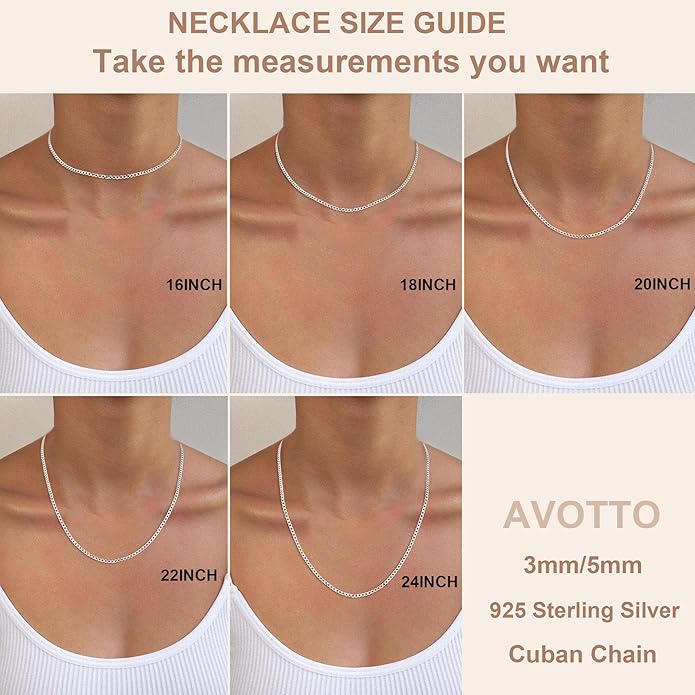 Avotto S925 Sterling Silver Cuban Chain Necklace for Women 3mm/5mm Thick Sturdy & Colourfast Women's Chain Necklaces Christmas Jewelry Gifts 16/18/20/22/24/Inch