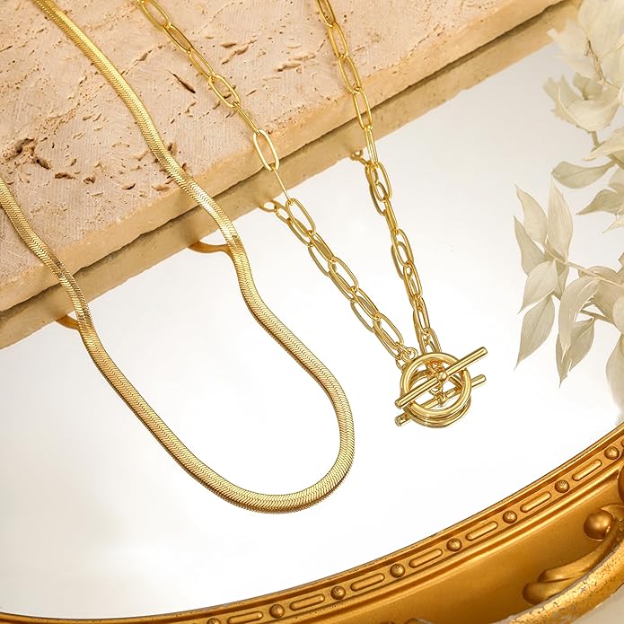 CHESKY 14K Gold Plated Layered Herringbone Necklaces for Women, Trendy Paperclip Snake Chain Necklace Cuban Link Simple Chunky Toggle Clasp Necklace Set Fashion Jewelry