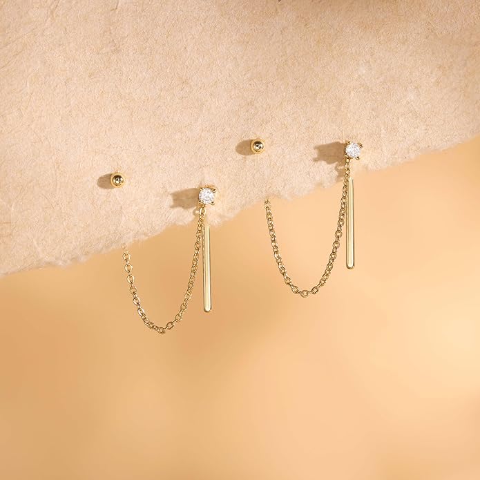 Freekiss Gold Chain Studs Earrings for Women Trendy: Hypoallergenic 14K Gold Plated Dangle Earrings Dainty Small Long Chain Earring Set Fashion Gold Jewelry for Women