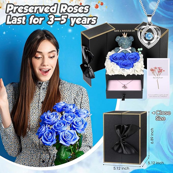 ADDWel Preserved Rose Gifts for Her, Forever Real Blue Flowers with Sterling Silver Necklace for Wife Girlfriend Mom on Birthday Anniversary