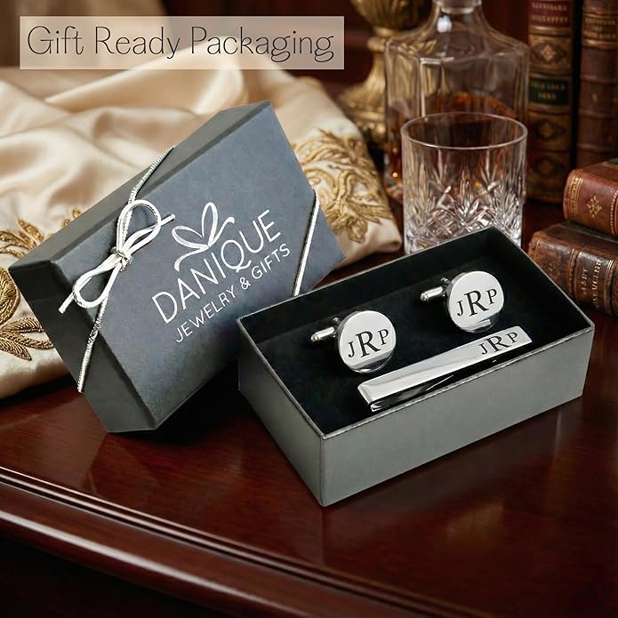 Custom Cuff Links & Personalized Tie Clip Gift Set for Men • Engraved Monogram, Date, Handwriting, Crest, Logo • Father's Day Gift for Dad • Gold, Silver, Black