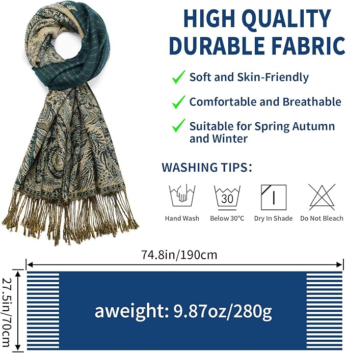 QIUTIMIY Paisley Pashmina Shawl Wrap Women Reversible Vintage Jacquard Pashmina Rave Scarf with Fringe for Evening, Wedding