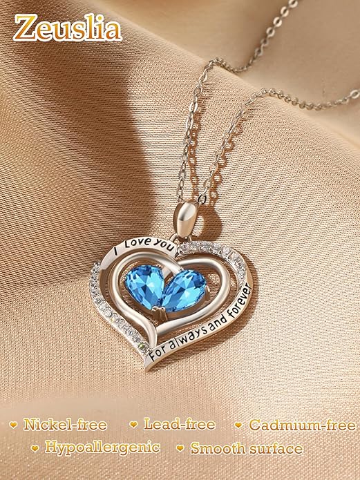 Zeuslia Double Birthstone Necklace Gifts for Wife - 925 Sterling Silver Sunflower/Rose/Crown Cross/Compass/Heart Pendant I Love You Necklace, Anniversary Birthday Gifts for Wife Girlfriend Mom Her