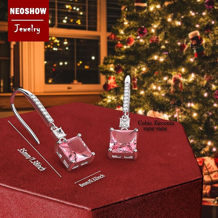 18K White Gold Plated Sterling Silver Square Princess Cut Cubic Zirconia Dangle Earrings for Women Square CZ Diamond Drop Dangling Earrings for Women Mom Hypoallergenic