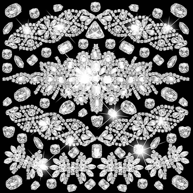 Suncalla 109 Pcs Sew on Crystal Rhinestone with Chain Trim Brooch Pin Mixed Shapes Set for Jewelry Clothe DIY Crafts Tabletop Scattered Crystals Vase Fillers Wedding Decor (Rhinestone Appliques)
